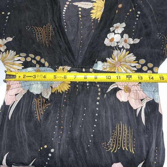 Yumi Kim Black 100% Silk Babydoll Tunic Dress Small Floral V-Neck Short Sleeve - Picture 13 of 13
